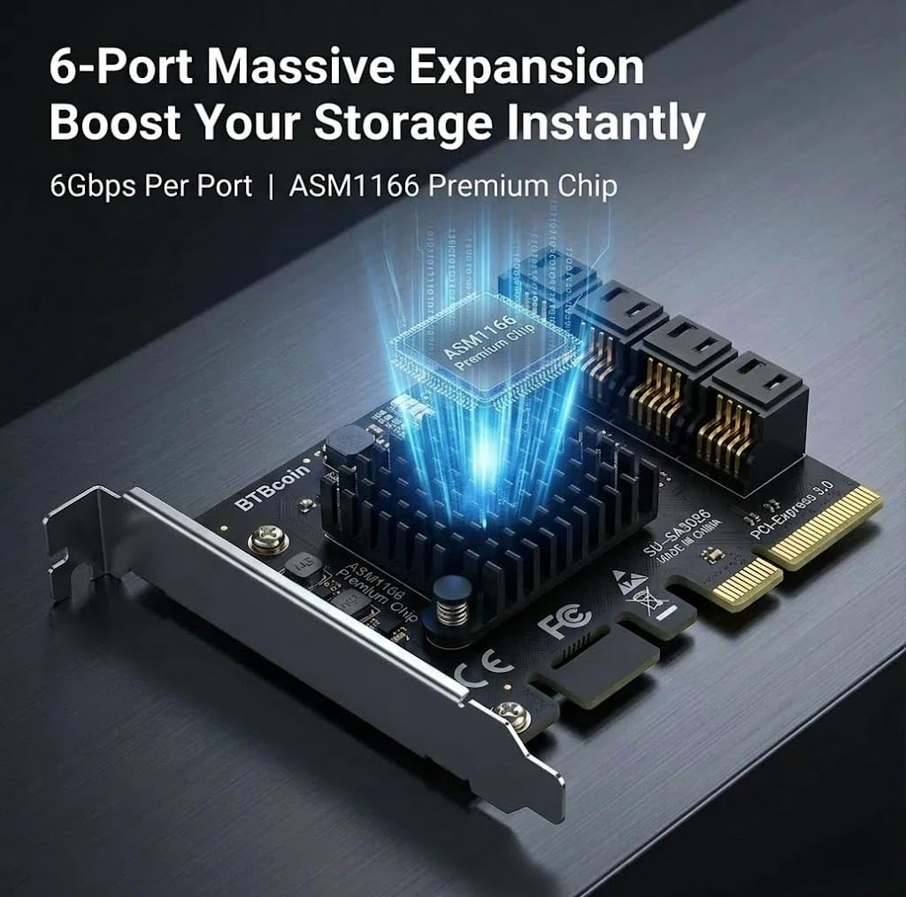 PCIe x4 na 6-portowa karta kontrolera SATA 3.0 do komputera Unraid | PCIe 3.0 x4 6-portowa karta SATA (ASM1166) dla Unraid/TrueNAS. Rozszerzenie pamięci masowej bez RAID 2 GB/s.