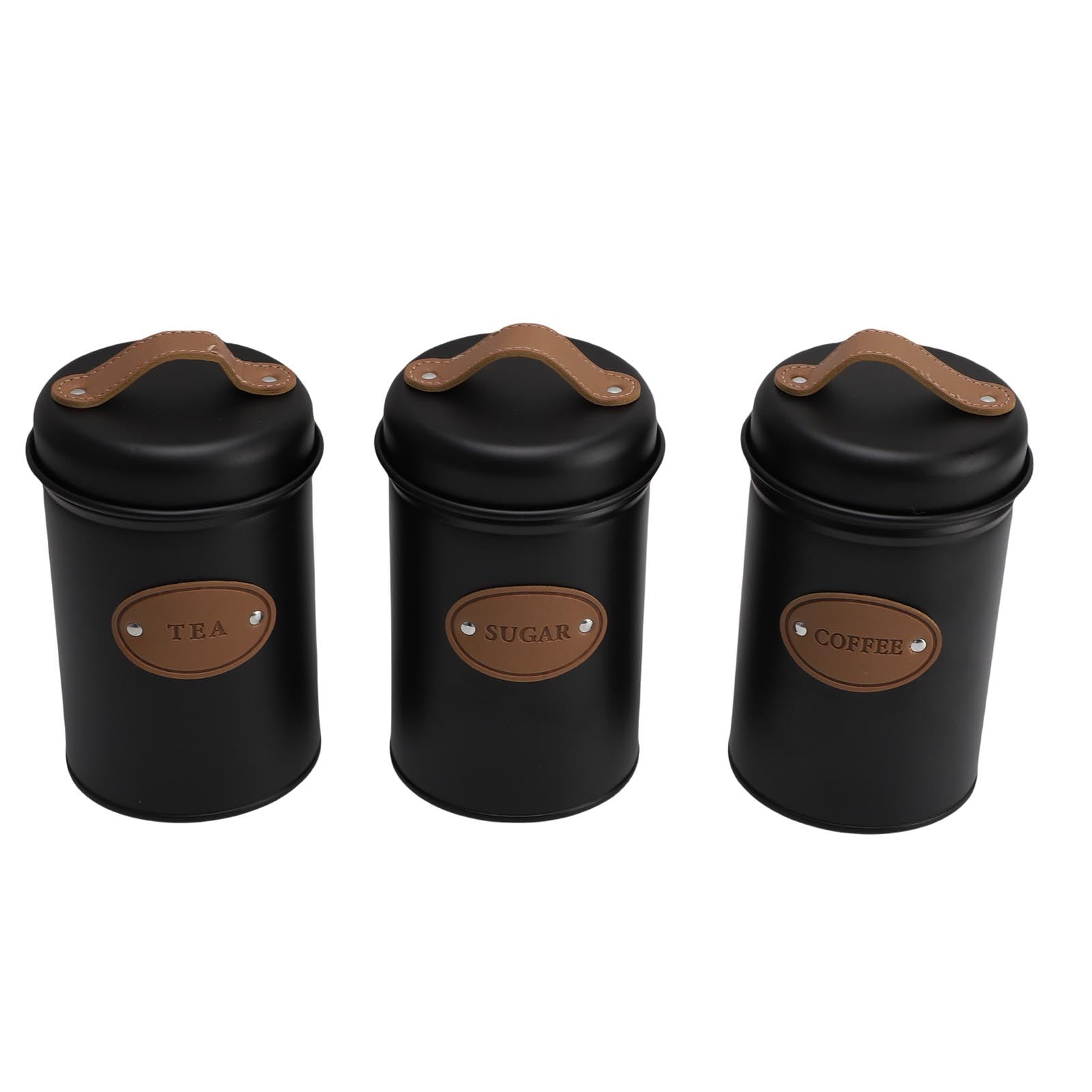 Walfront Set Barattoli Sigillati Barattolo per caffè in Ferro 3 Pezzi 15,5 X 10,4 Cm con Coperchi con Manico Ed Etichette Distintive per tè, caffè, Zucchero, Farina, Bancone della, Dispensa (BLACK)