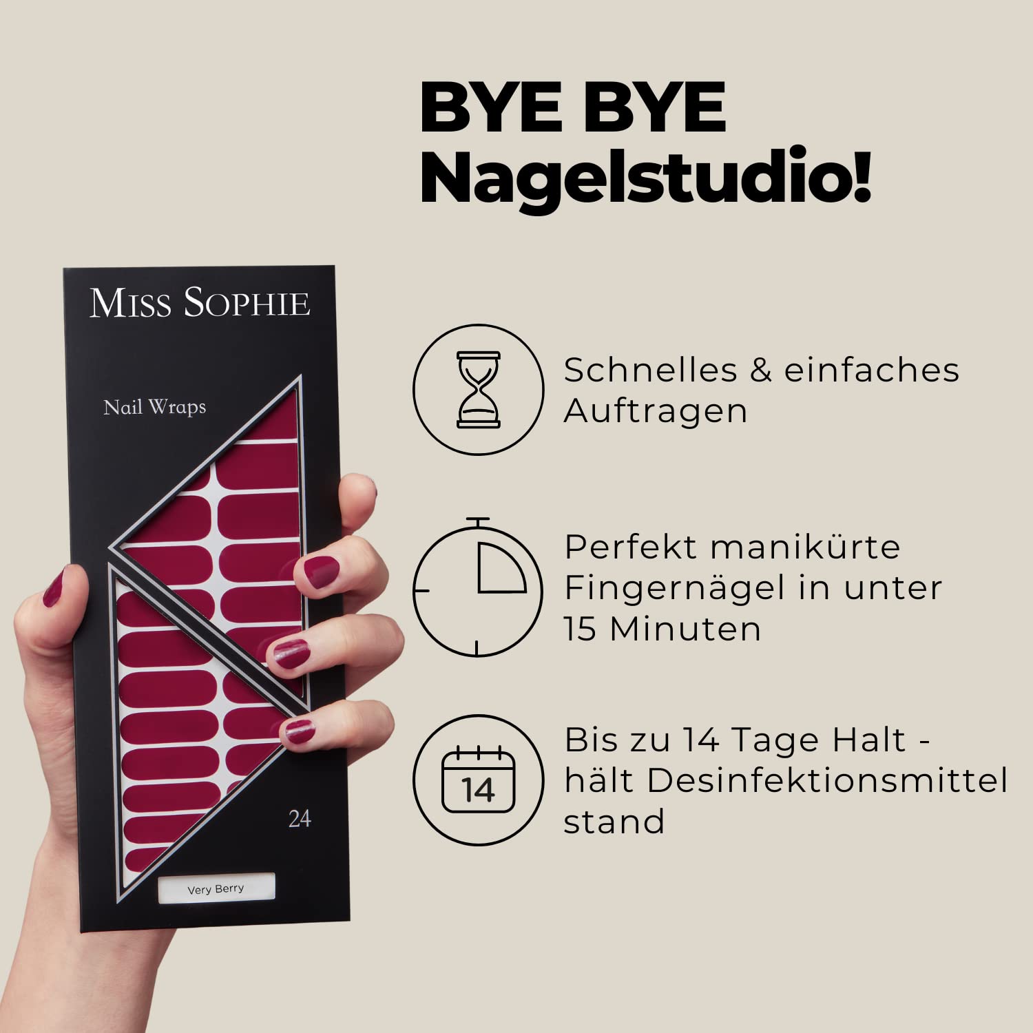 Miss Sophie Pellicola per unghie - "Very Berry", Tinta unita, Rosso, Nail Wraps -24 pellicole per unghie autoadesive ultrasottili a lunga durata