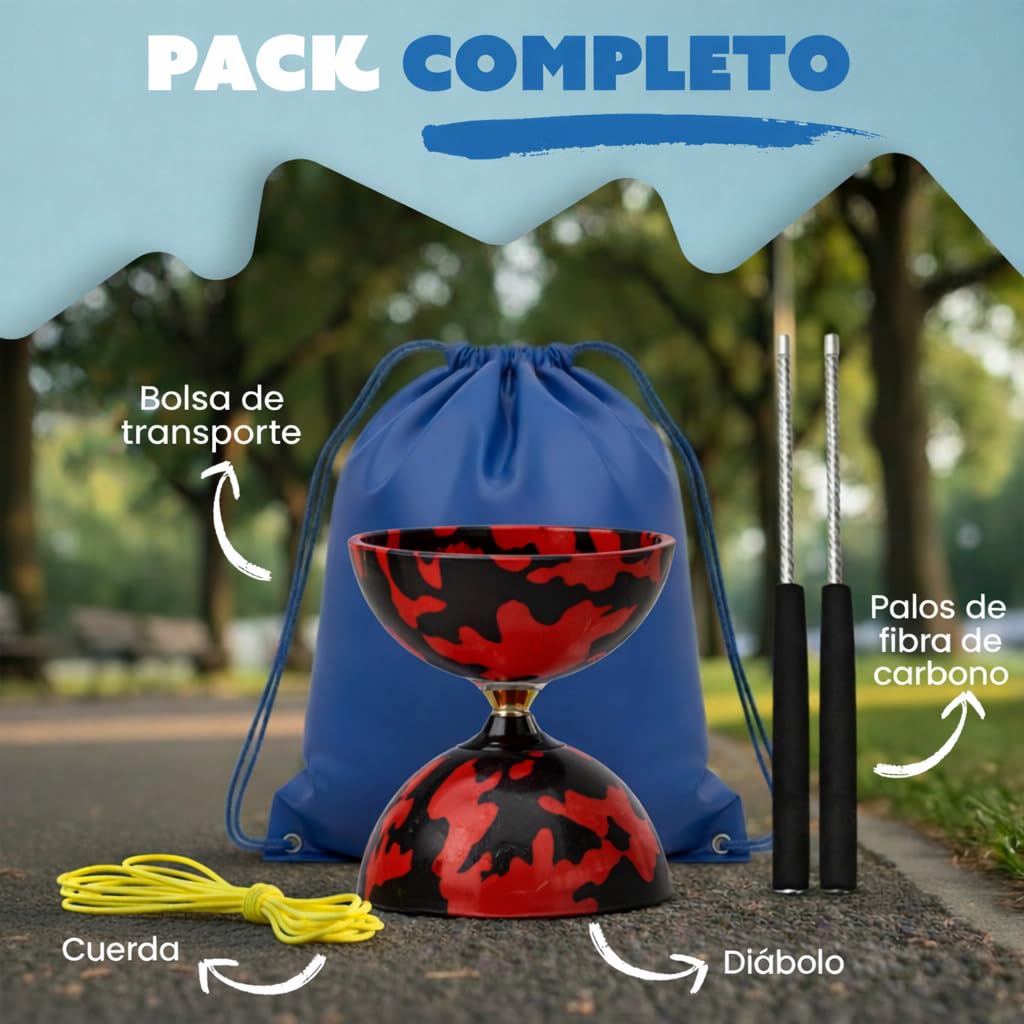 Diábolo Profesional Triple Rodamiento, Diabolo de Malabares con Palos de Fibra de Carbono, Cuerda y Bolsa de Transporte, Estable y Resistente para Principiantes y Adultos (Rojo y Negro)