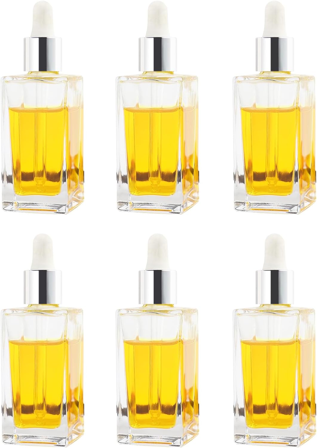 50ml Square High Glass Essential Oil/Drip Bottle, with 18/415 Threaded Glass Straw, Leak Proof Travel Bottle, Set of 6 (Silver)