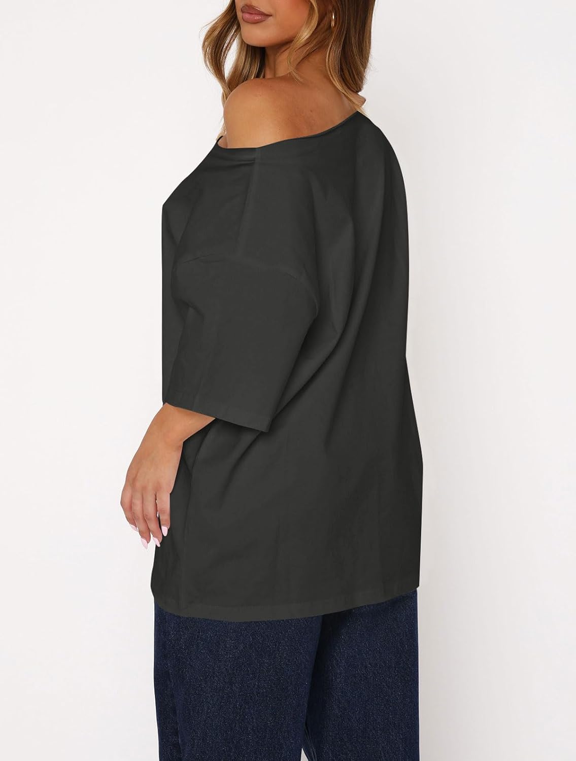 Dressmine Off The Shoulder Tops for Women Short Sleeve Shirt Trendy Oversized Tee Top Loose Summer Blouse Tunic - Image 3