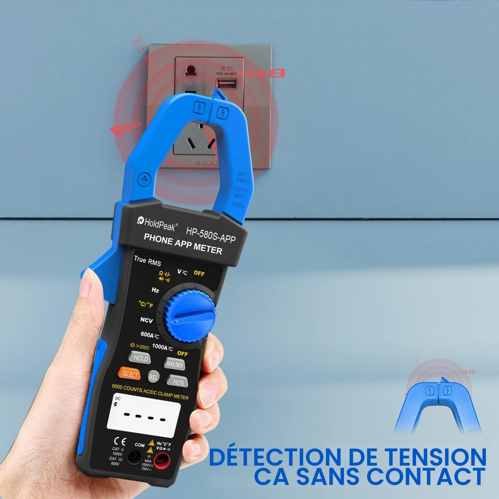 Pince Ampèremétrique Numérique HoldPeak avec APP Connect, TRMS 6000 Points Multimètre HP-580S Auto Ranging, NCV 1000A AC/DC Volt ohm Résistance Capacitance Continuité Température Diode