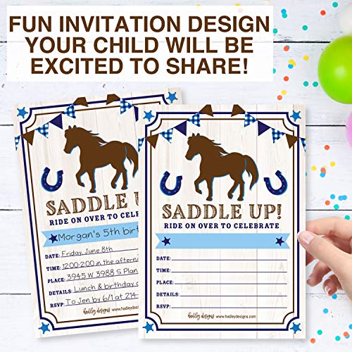 Image of Hadley Designs Kids Birthday Invitations For Boys Horse Theme - 25 Horse Birthday Party Invitations For Boys, Saddle Up Invites For Boy, Cute Pony Party Supplies, Made In USA