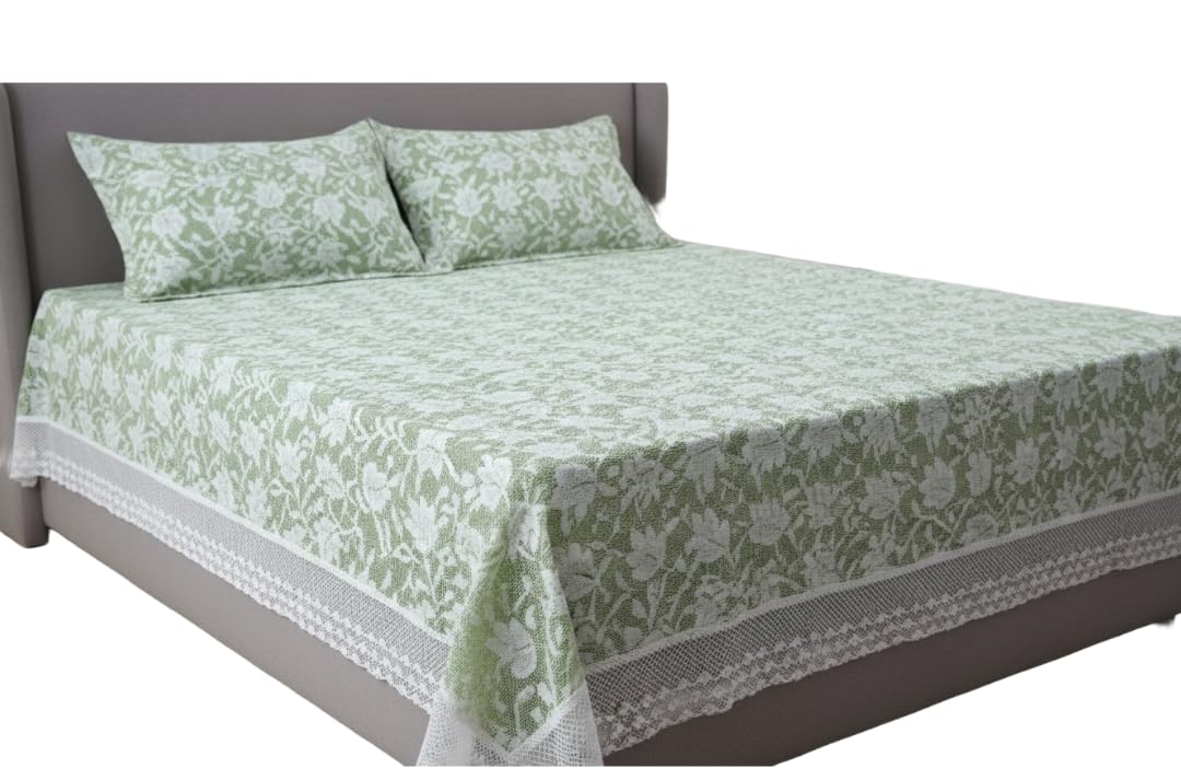 Trendy Green Leaf Cotton Lace Bedspread with White Crochet Border | Cotton-Crochet Double Bedcover | 100inchX90inch(254cmX228cm) | Pack of 1-picture-50