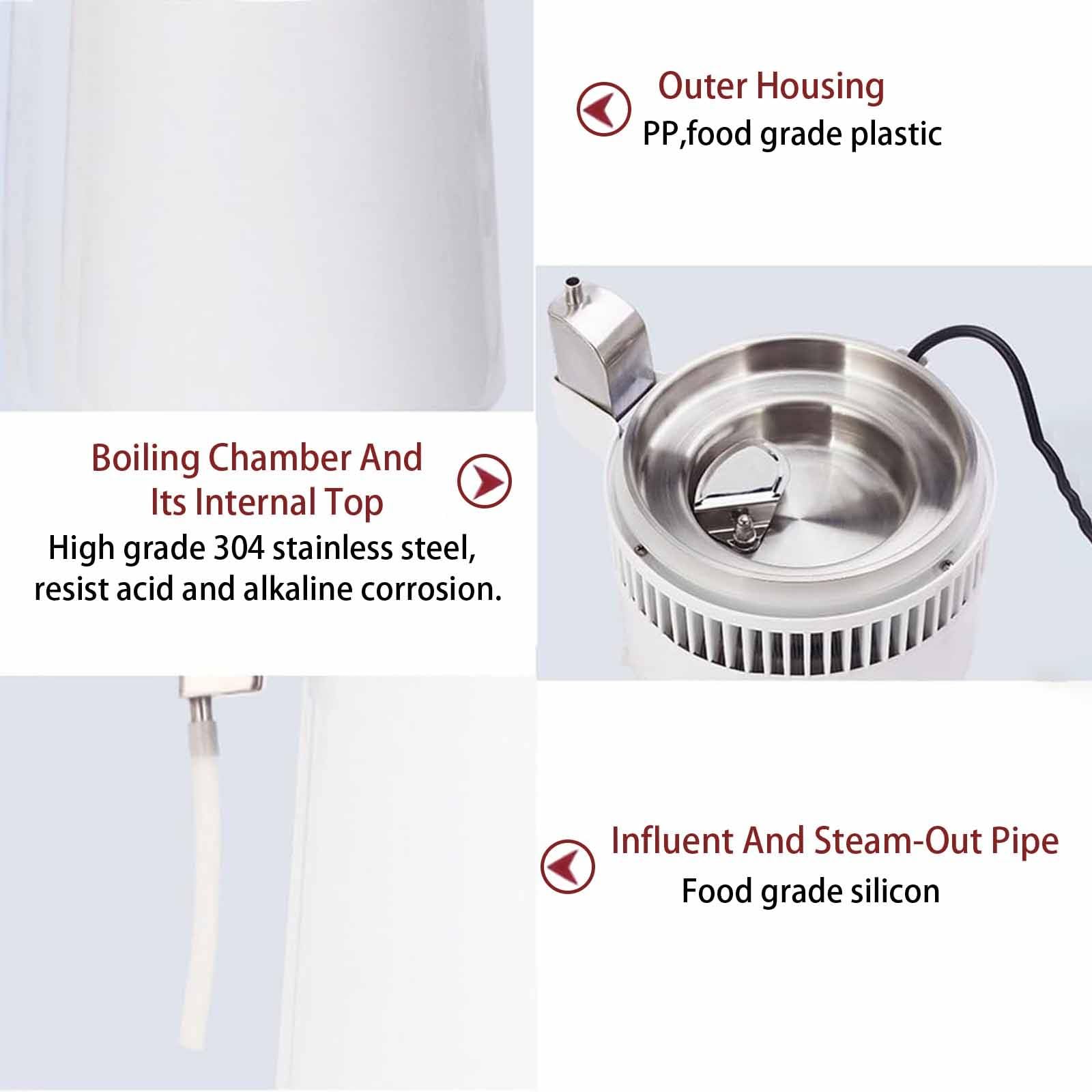 Destilador de agua de 750 W, 4 L, de acero inoxidable, con recipiente para uso doméstico, laboratorios y hospitales. Interior de acero inoxidable que destila agua pura
