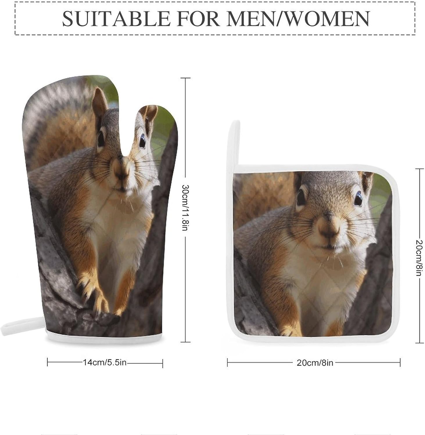 4-Piece Oven Mitts and Pot Holders Set Squirrel in The Tree Printed Heat-Resistant Polyester Kitchen Gloves and Potholders Comfortable & Durable for Cooking Baking and Grilling