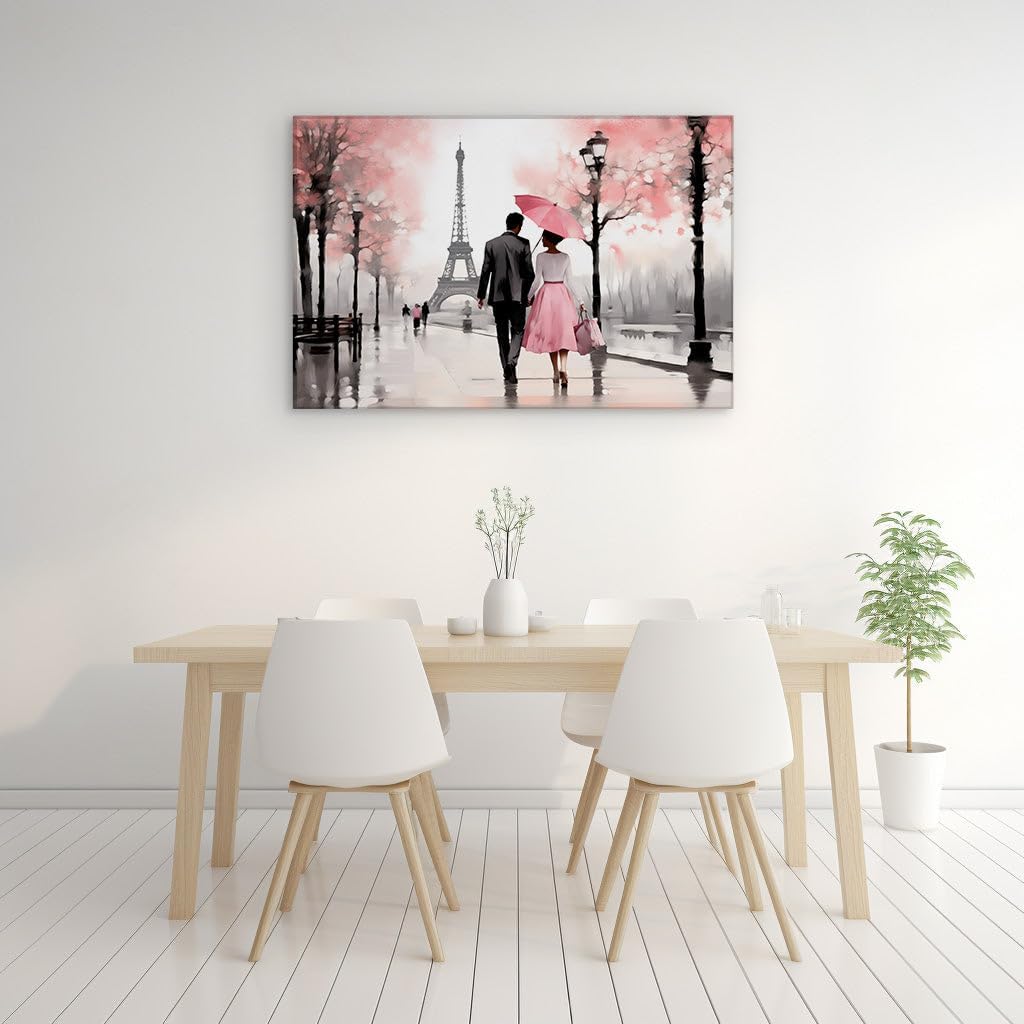 Canvas for Living room. Strolling Hand in Hand Embracing Romance by the Eiffel Tower, 27 x 18 inch Canvas Wall Art - Ready to Hang - 69x46 cm (27x18 inch)