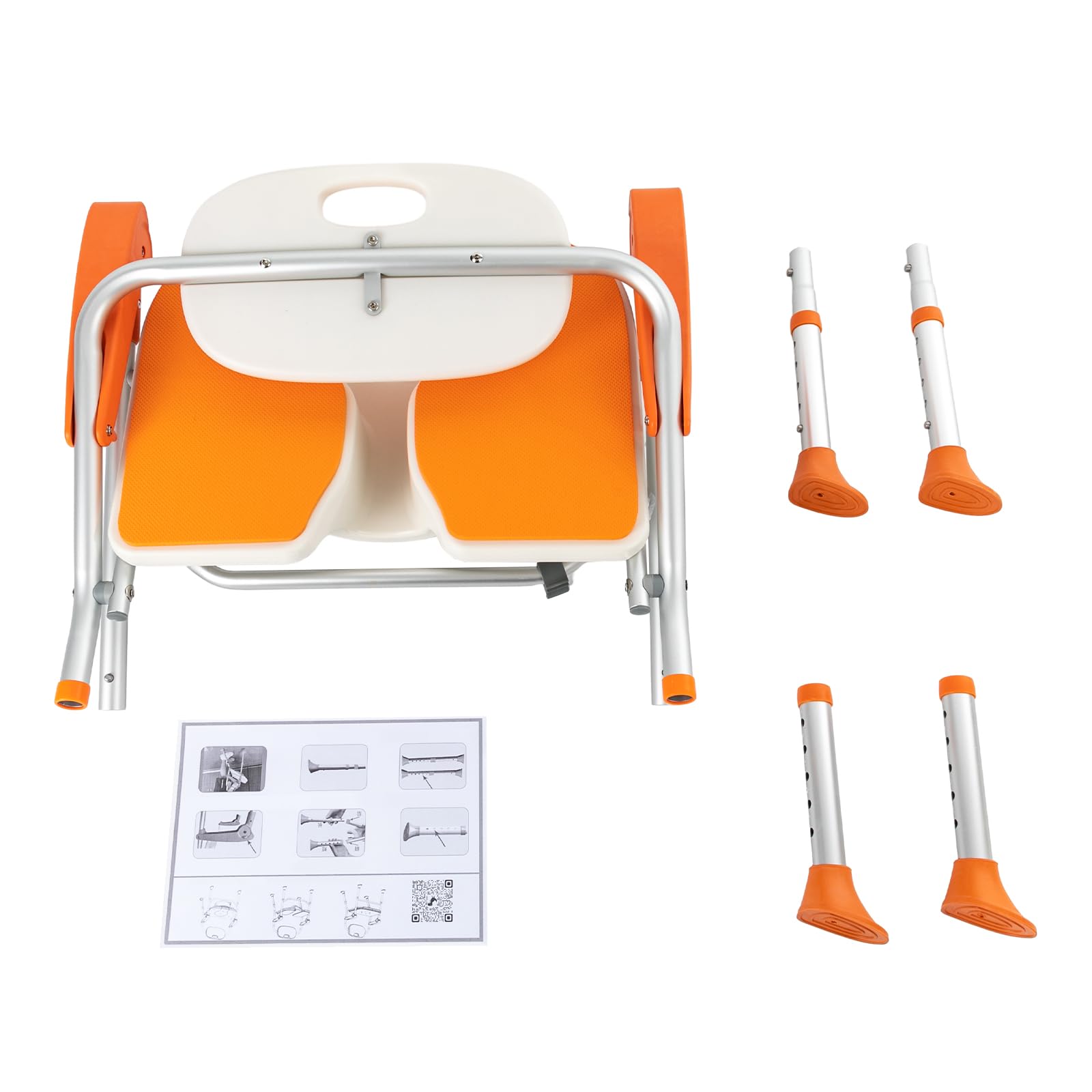 Silla de ducha regulable en altura, con respaldo, reposabrazos que soporta hasta 150 kg, con almohadillas antideslizantes para los pies, altura regulable 39-49 cm, silla de baño extraíble