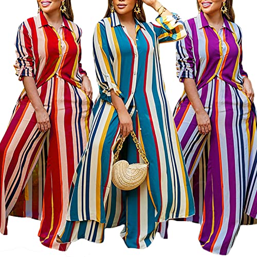 Women 2 Piece Outfit Sets Striped Button Down Shirt Long Sleeve With Long Pants Casual Shirt Dress Jumpsuits Blue L #TOP1