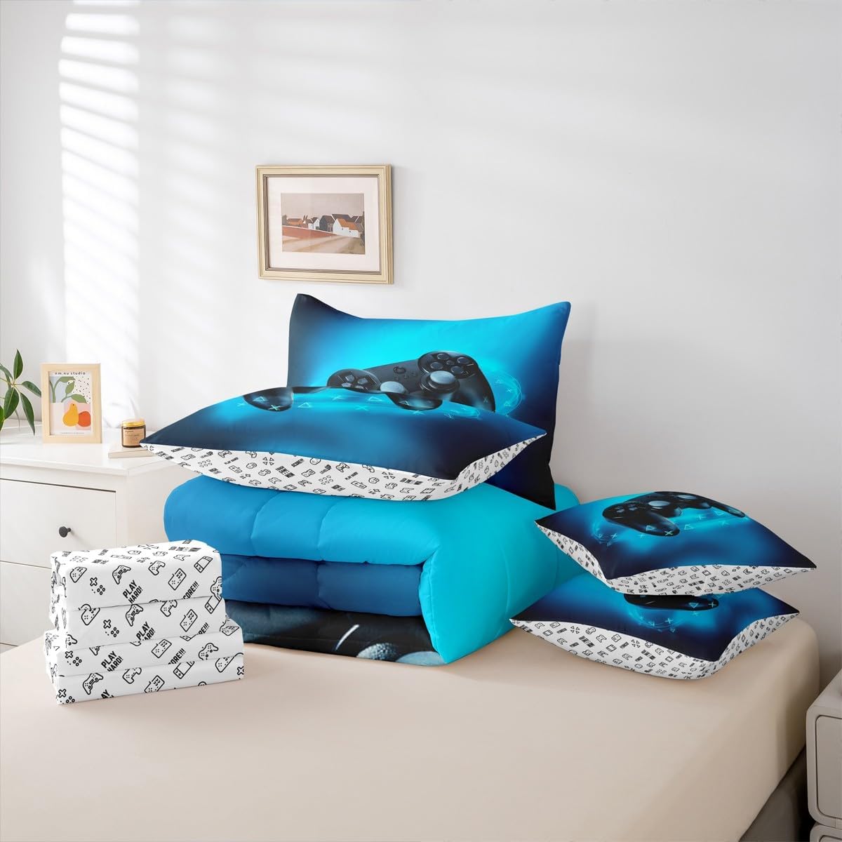 Erosebridal Twin Gamer Comforter Set for Kids Blue 3D Gaming Bedding Set Teens Boys Gamepad Bed in A Bag | Soft Microfiber 7 Pieces Video Game Console Bed Sets with Sheets