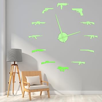 Giant DIY Gun Decor Luminous Wall Clock, Glow in the Dark Large Frameless Gun Wall Art Clock Silent Movement Battery Operated for Man Cave Boyfriend Husband Game Room Living Room 47 Inch