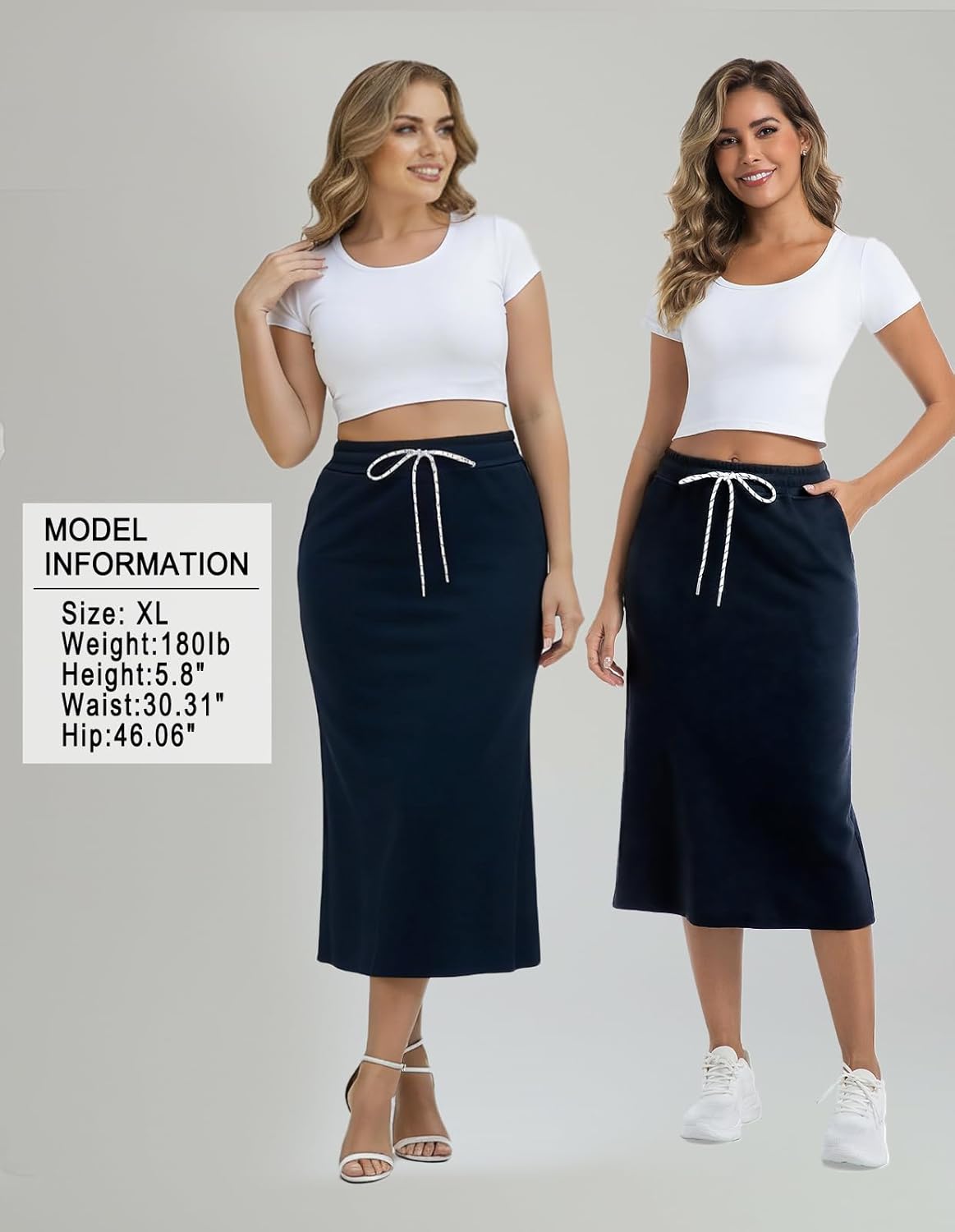 Women's Casual High Waist Elastic Drawstring Stretch Sweat Slit Midi Skirt with Pocket - Image 7