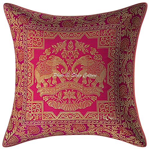 Image of Decorative Brocade Cushion Covers 16x16 Inch Banarasi Jacquard Weave Magenta & Gold Living Room Decor Elephant Traditional Square 40x40 cm Zippered Sofa Settee Pillowcases -Set of 2 Pcs