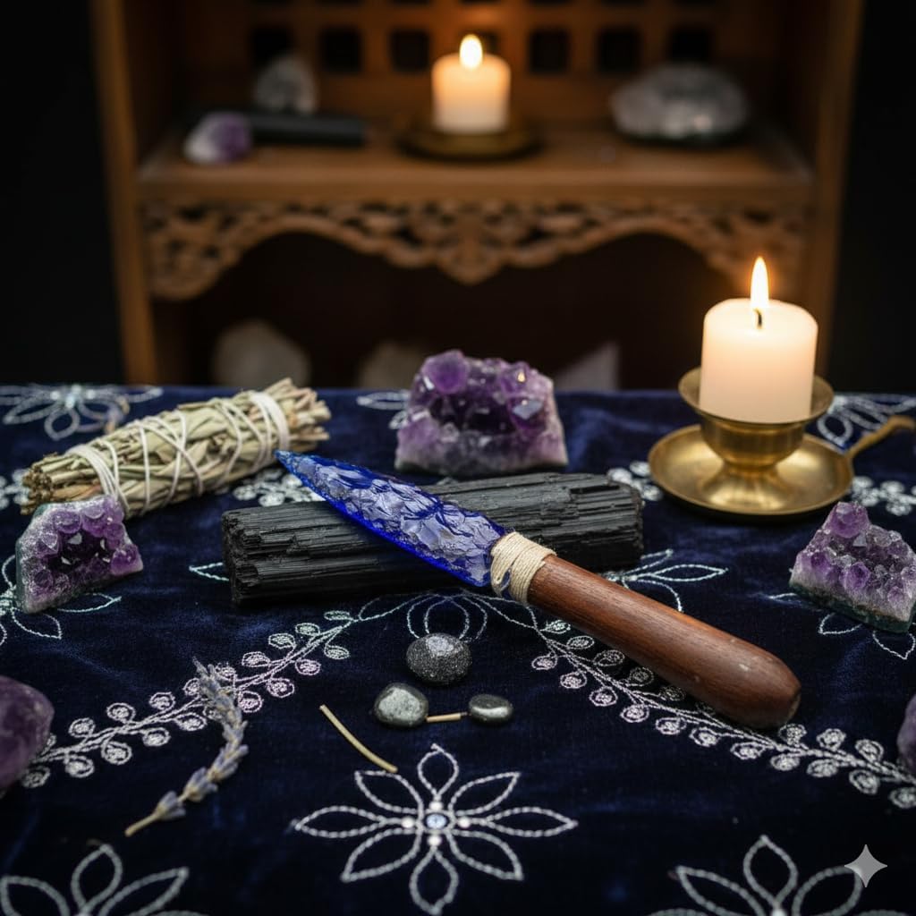 Handmade Blue Obsidian Arrowhead Crystal Glass Knife | 8 Inch Metaphysical Altar Tool, Premium Wooden Handle