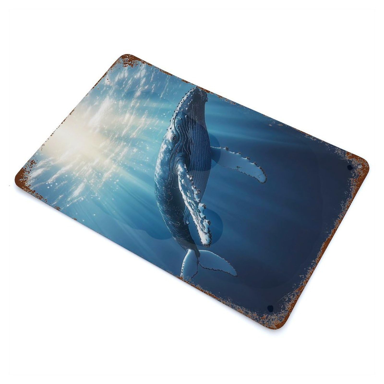 Aged Metal Wall Plaque with Humpback Whale Underwater Design 11.8"x7.9", for Pub, Kitchen And Man Cave Decor, Shabby Chic Decor