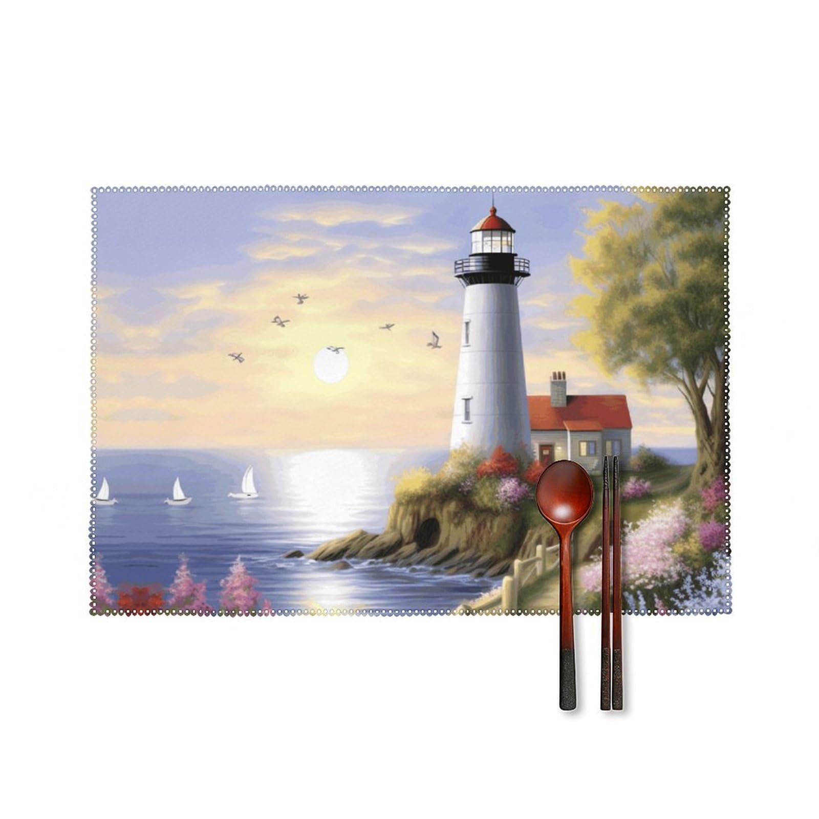 Lighthouse Diamond Painting Placemats Set of 6, 12x18 Inch Heat Resistant Washable Canvas Table Mats, Stain Resistant Decorative Dining Placemats for Kitchen, Restaurant, Outdoor Party