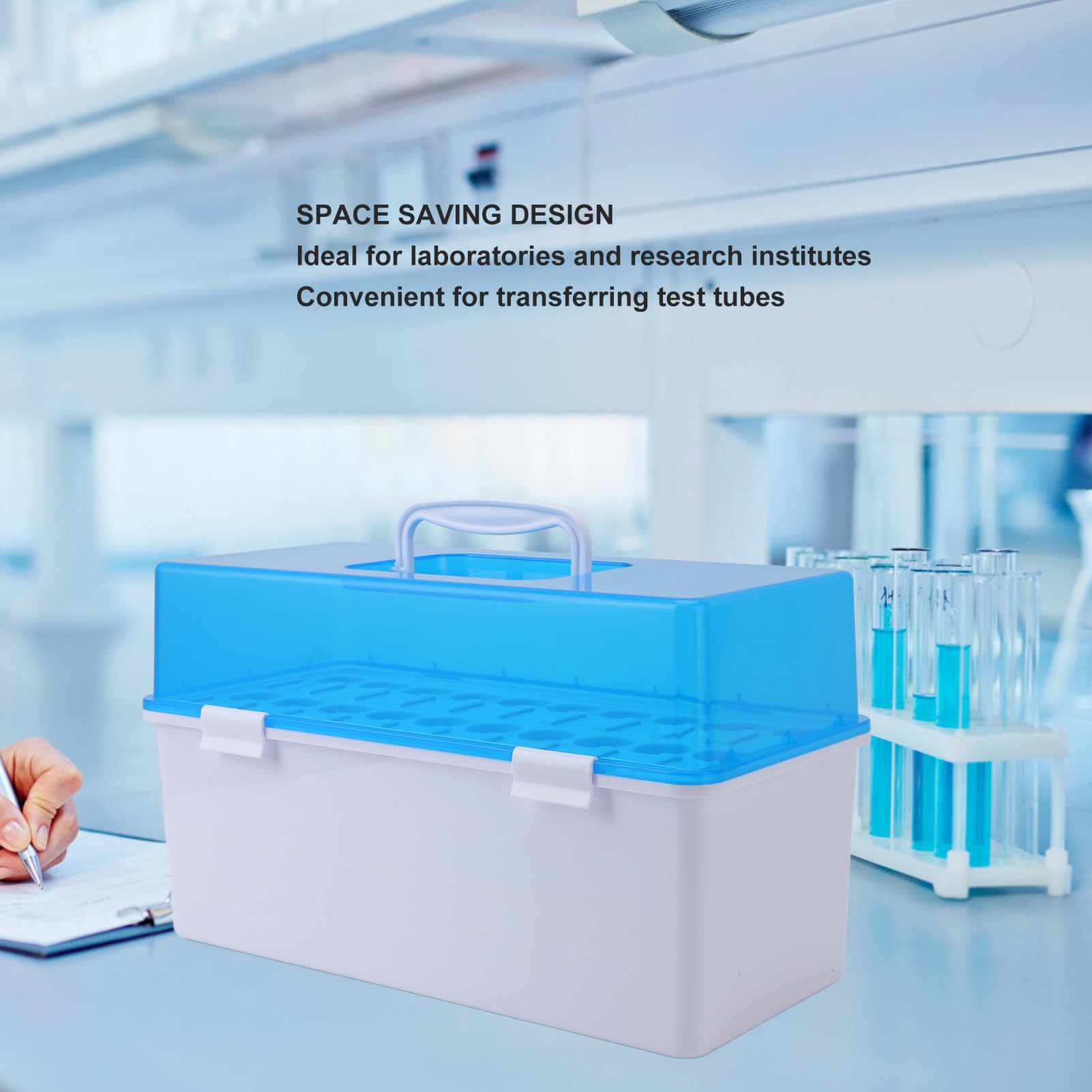 Caja de almacenamiento de tubos de ensayo, caja de almacenamiento de tubos de ensayo con asa portátil, 20 estantes de soporte de tubos de ensayo para laboratorios de