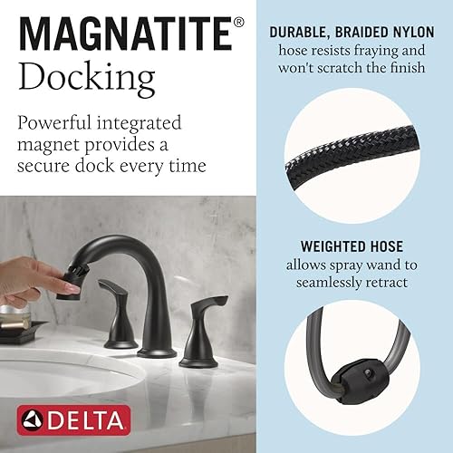 Miniatura 7 de Delta Broadmoor - Grifo de baño negro mate con rociador, llave de lavabo de baño generalizada de 8 pulgadas con 3 orificios y rociador extraíble,
