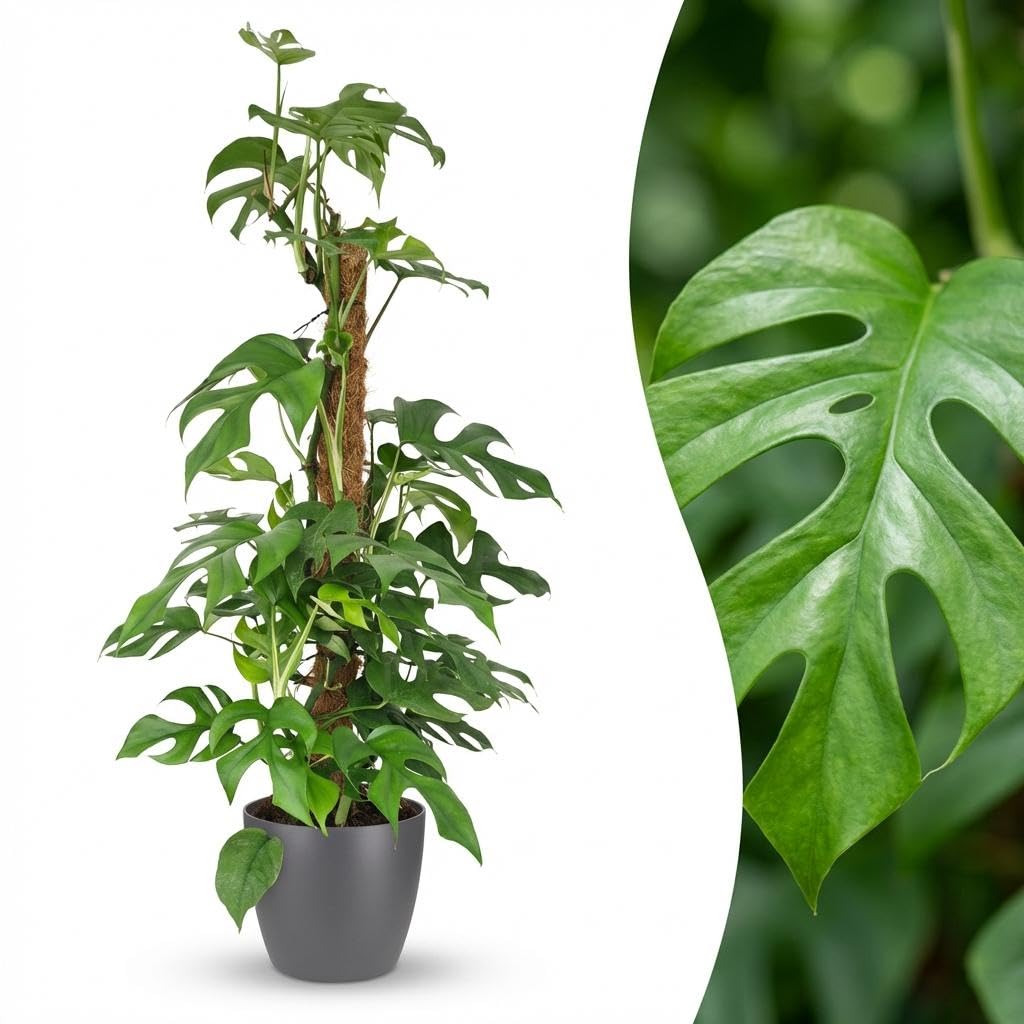 Green boutiQ - Zimmerpflanze - Mini-Fensterblatt - Monstera Minima Moosstab - Grün - Pflegeleicht - 1 Pflanze - mit Potter Grau - Topf 19cm - Höhe 90cm
