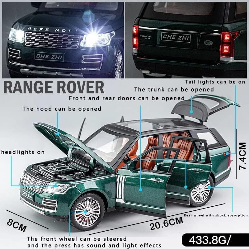 Image of 1 /24 Big Range Rover REFENDER Toy Car Metal Pull Back Diecast Car with Openable Door and Sound Light, Gifts Toys for Kids (Green)