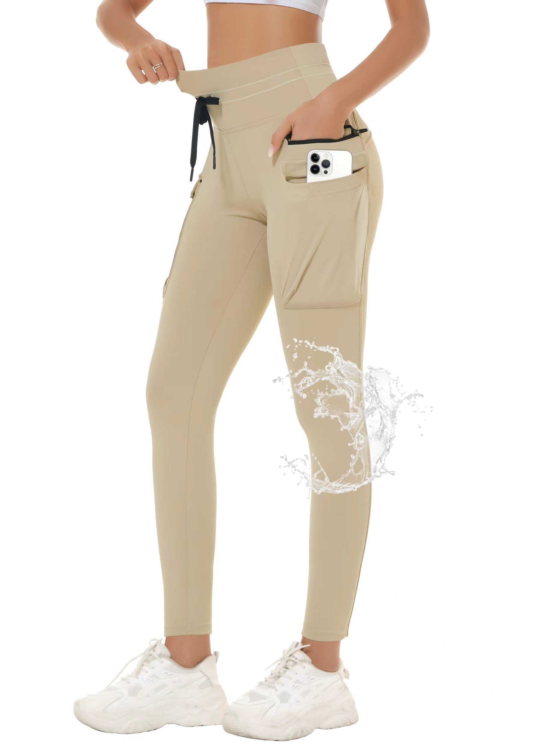 MIVEI Women's Hiking Pants High Waisted Leggings Waterproof with Zipper Cargo Pockets Running Workout Athletic Tights 25'' Khaki