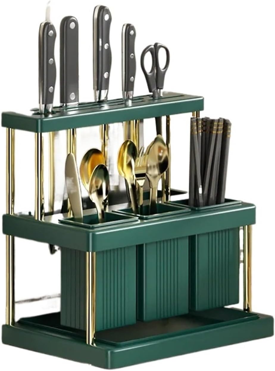 Kitchen Utensil Organizer - Multi-Tool Storage Rack for Knives, Forks, and Chopsticks Fit for and Easy to Clean(Green gold)