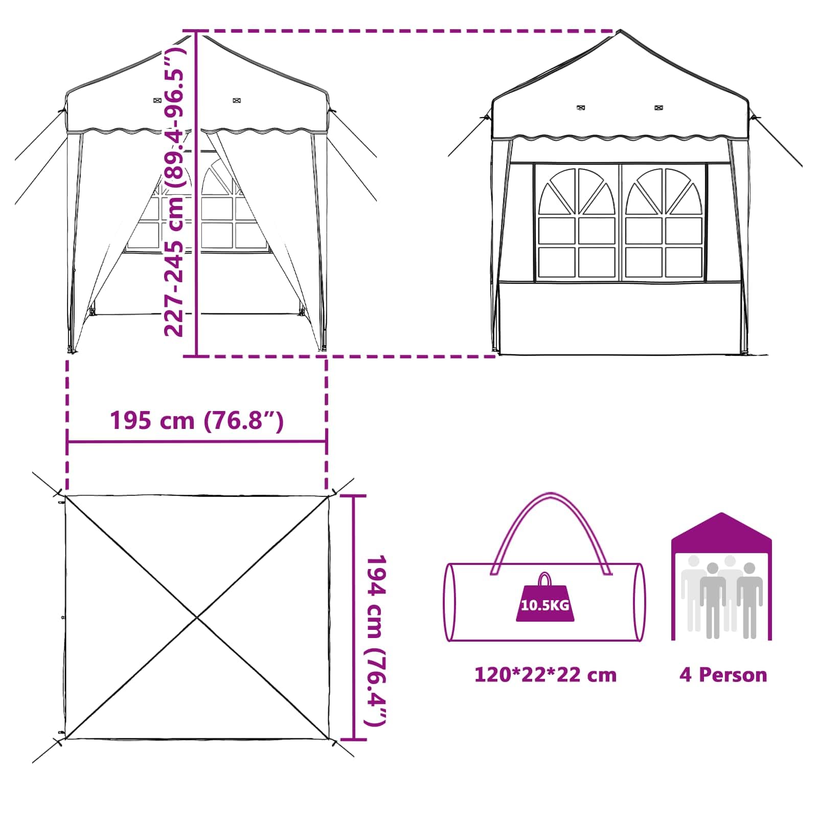 Pop up namiot imprezowy 195 x 195 x 245 cm, brązowy, materiał Oxford, namiot ogrodowy, namiot składany, namiot na imprezy z 4 ścianami bocznymi i ochroną przed promieniowaniem UV, do ogrodu