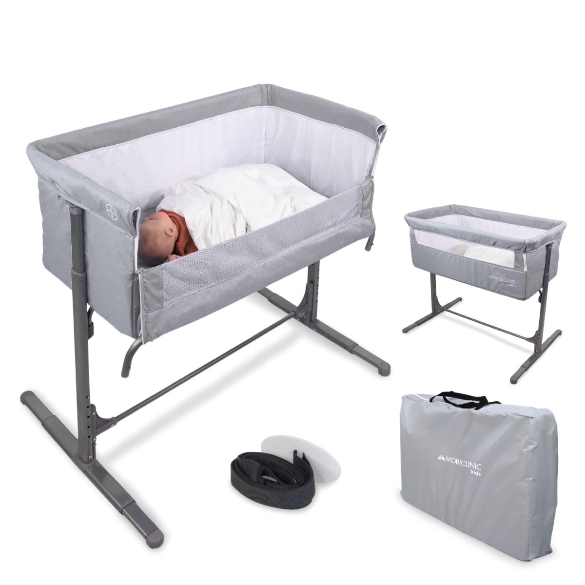 Mobiclinic®, Culla Neonato, Culla Co-​Sleeping, 2 in 1, Sistema di Fissaggio del Letto, Regolabile 5 altezze, Borsa trasporto, Ruote, Rete traspirante, Base imbottita, Moon