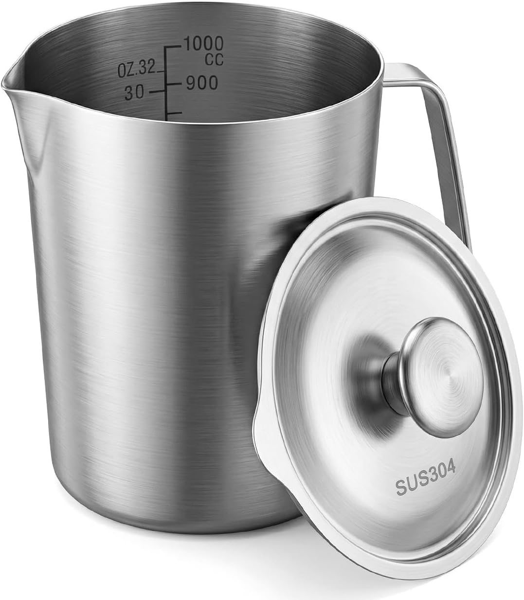 QWORK 304 Stainless Steel Measuring Pitcher with Lid 32oz/1L, Dual Scales Wide Mouth Graduated Cup for Espresso, Milk Frothing Jug with Handle