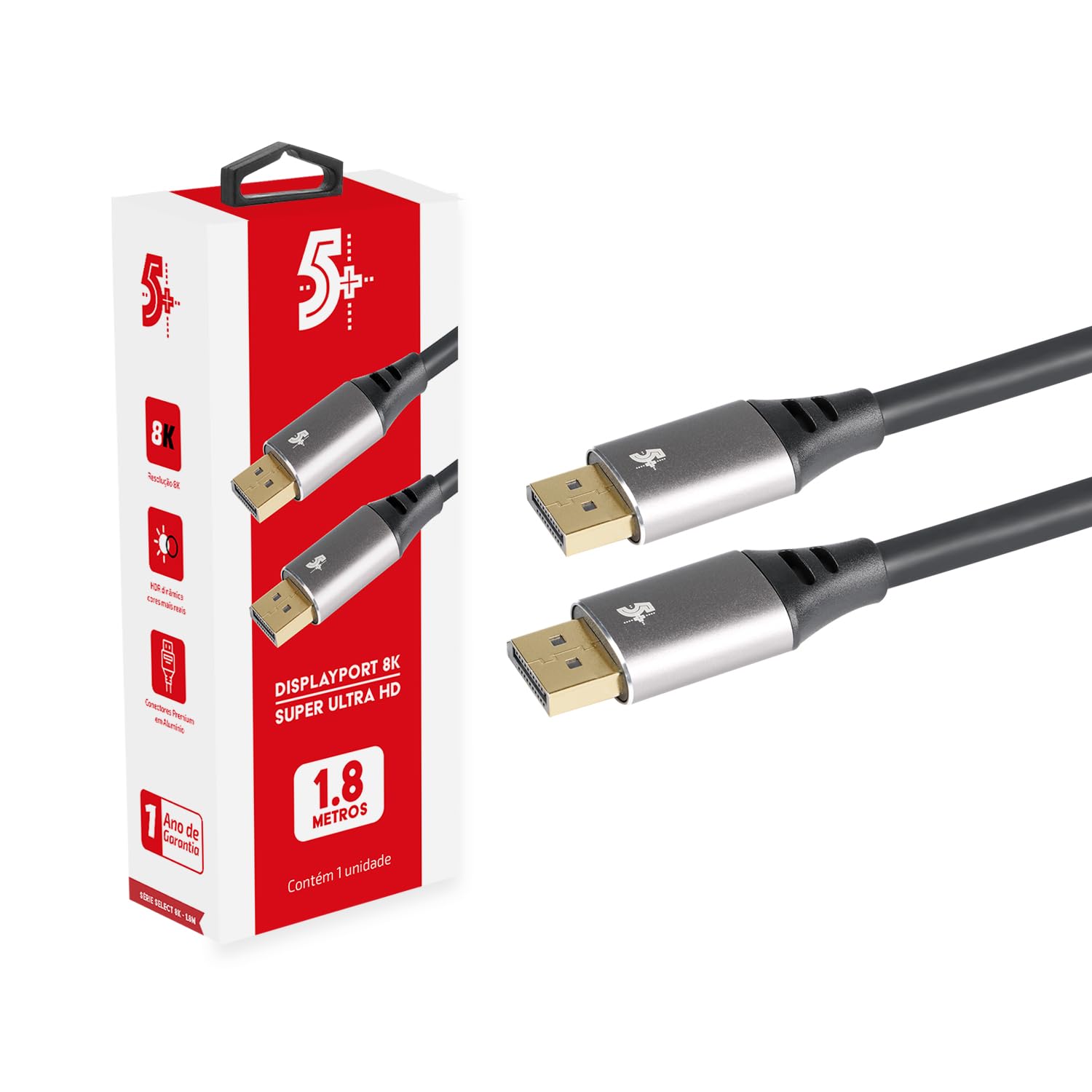 5+ 018-7499 Cabo Displayport Macho x Macho 1.4 Hbr 8K com Trava, Preto, 1.8 m