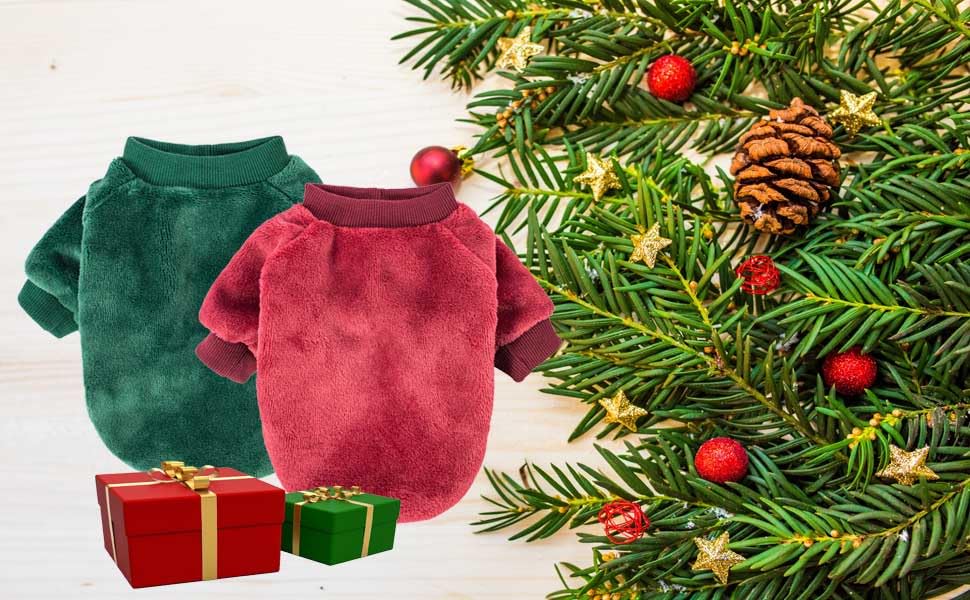 Image of FabriCastle Christmas Dog Sweater, 2-Pack Dog Clothes, Soft and Warm Pet Jackets for Small Dogs & Cats, Winter Pet Apparel Costumes, Puppy Outfits (Dark red,Dark Green, X-Small)