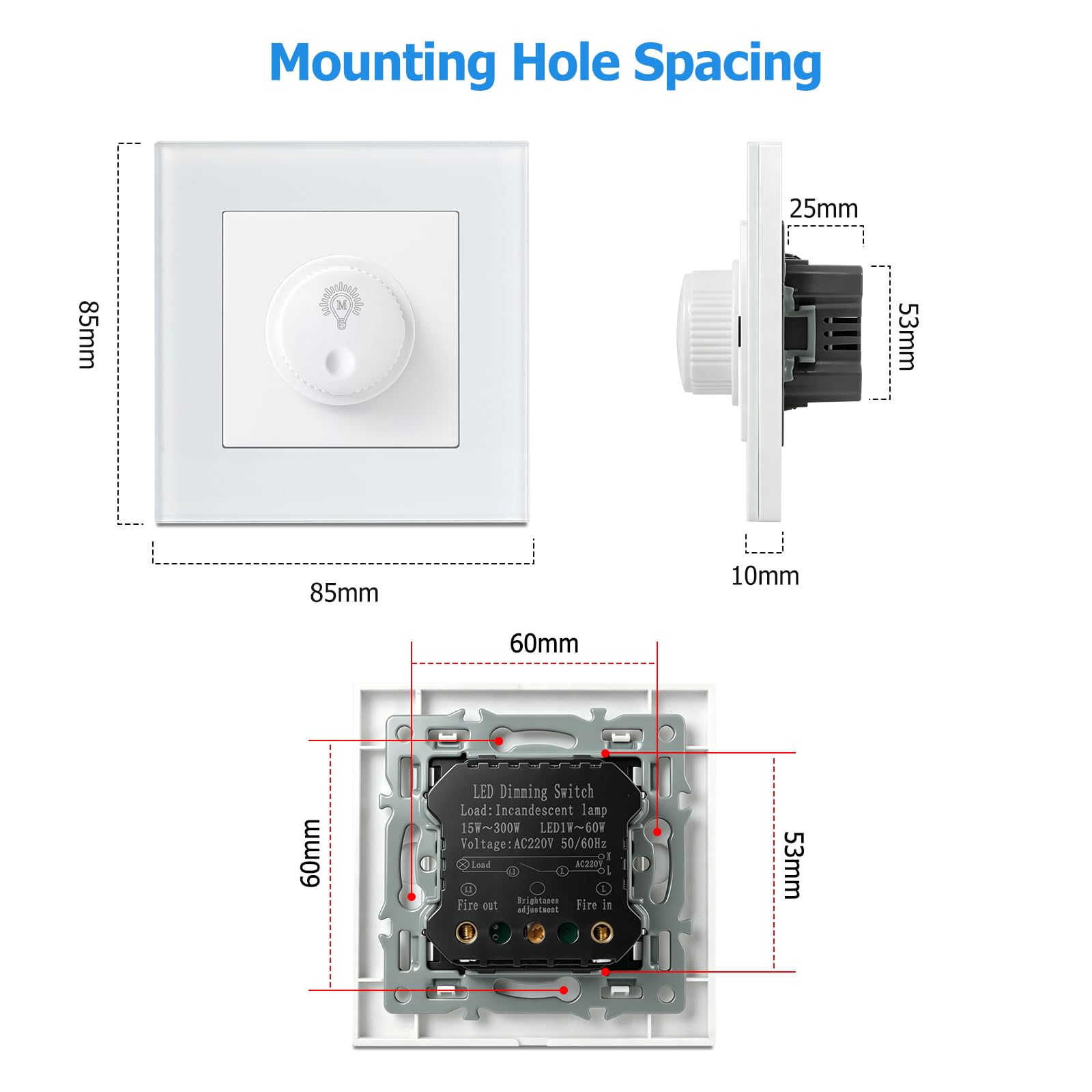 Interruptor Dimmer LED 220v, Regulador de Luz para LED Regulables de 1–60W / Halógenos de 15–300W, Dimmable Switch Protección Segura, Sin Ruido