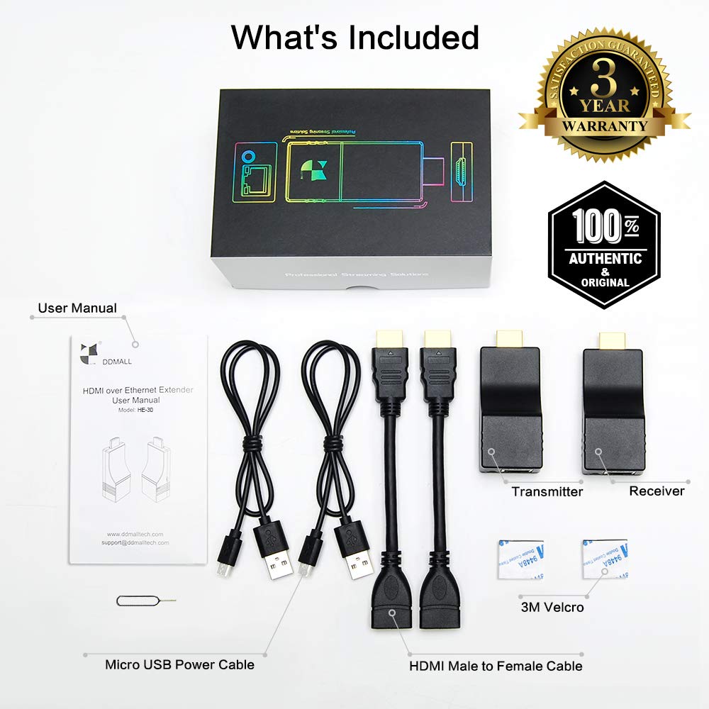 DDMALL 4K HDMI Extender Over CAT5e/CAT6 Cable with Local Loop Out, Up to 230ft/70m at 4K@60Hz, HDR, HDCP 2.2/1.4, HDMI 2.0, EDID, Supports SPDIF and Analog Audio, Transmitter and Receiver Kit (HE-35)