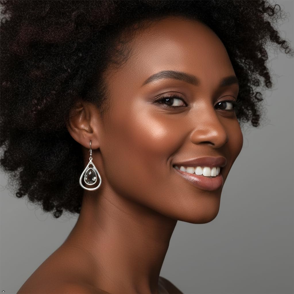 Bohemian Statement Drop Earrings for Women, Silver-Plated Pewter Open Teardrop Dangle with Large Pear-Cut Crystal, Handmade, Hypoallergenic, NE1338