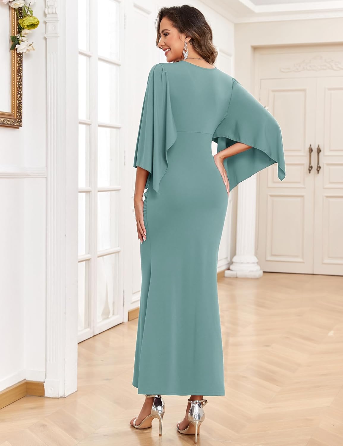 Maxi Maternity Dress Semi Formal Baby Shower Wedding Guest V-Neck Handkerchief Sleeves Elegant - Image 5