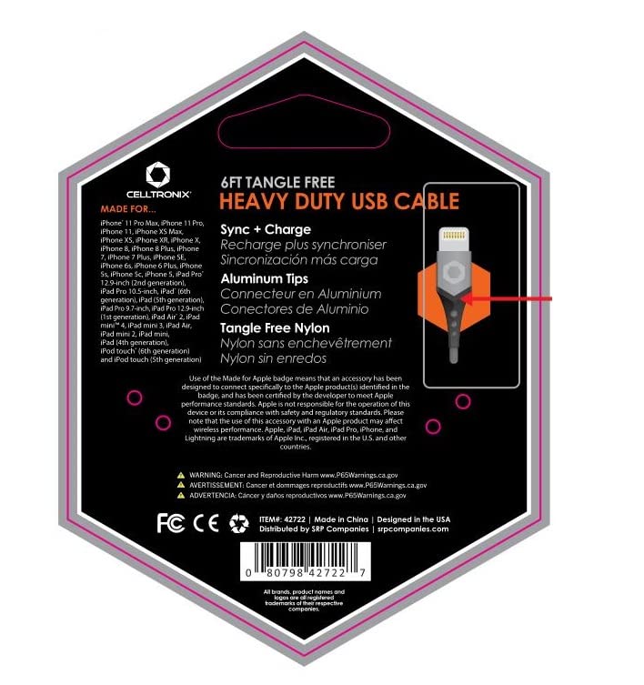Back of Celltronix cable packaging with specifications and warnings