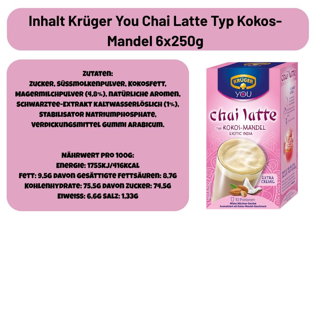 Krüger You Chai Latte Kokos-Mandel 6×250 g (1,5 kg) | Aromatisches Instant-Getränk | Würziger Chai mit Kokos- & Mandel-Note | Schnell zubereitet | Vorratspack für Büro, Zuhause & To-go