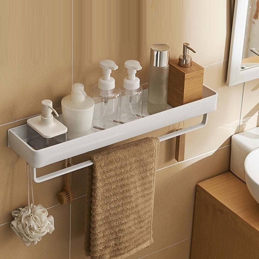 Porte-serviettes de salle de bains, Étagère De Bain Sans Perçage, Fixation Murale for Salle De Bain Avec Crochet, Espace Blanc En Aluminium