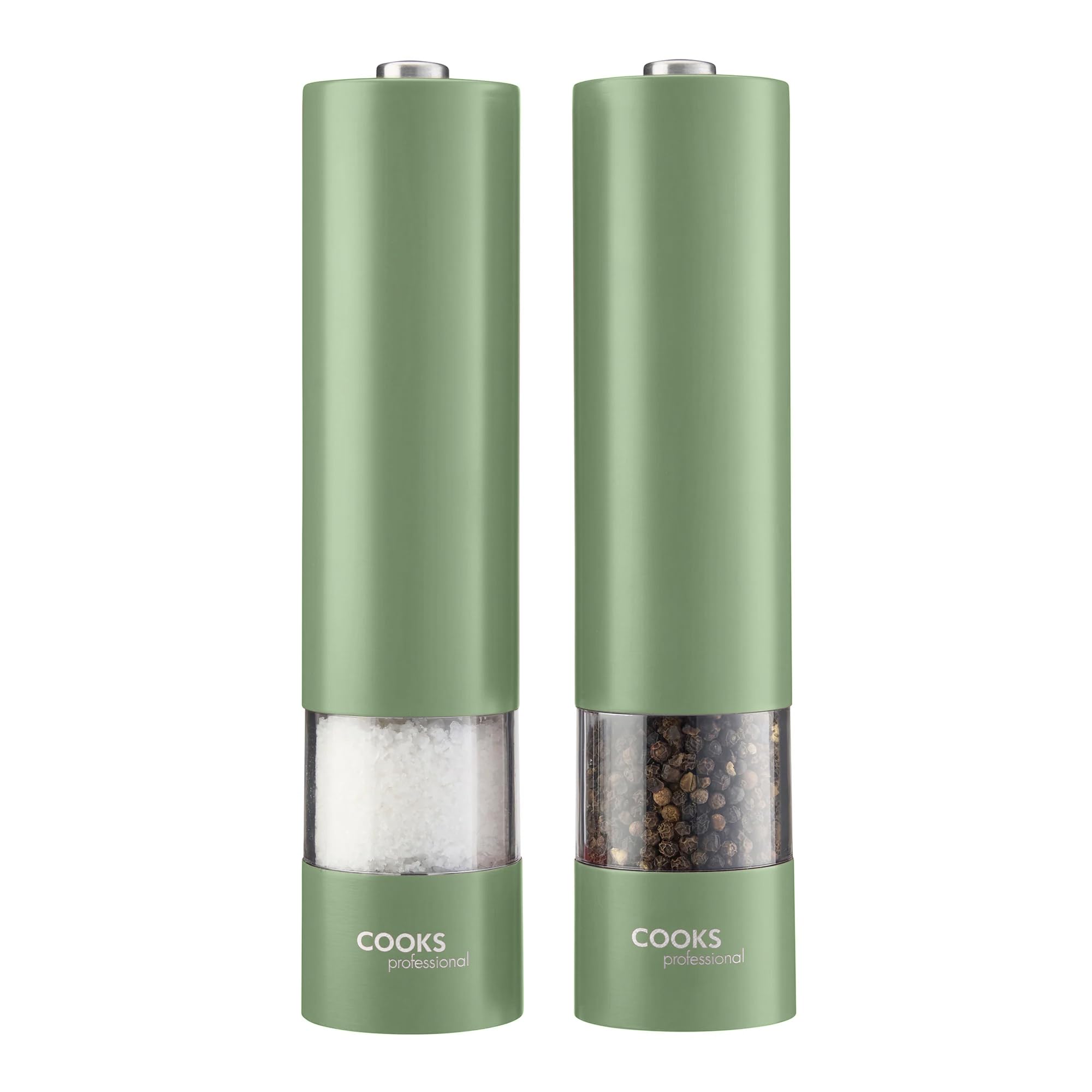 Cooks Professional Electric Salt and Pepper Mill Set | Battery Operated Automatic Grinders with Adjustable Course & Fine Grinding & One Touch Operation | Condiment Seasoning Grinder | Green