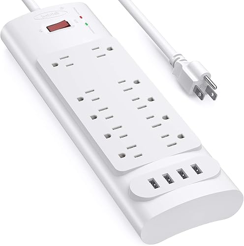 Miniatura 8 de bototek - Protector de sobretensiones con 10 salidas de CA y 4 puertos USB, 1875 W15 A, 2100 julios, cable de extensión largo de enchufe plano de 10