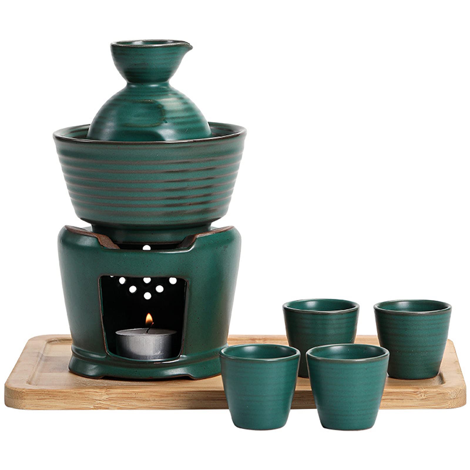 Set per sake in ceramica, set per sake e tazze con scaldavivande, kit per bevande calde per sakè in porcellana tradizionale, 8 pezzi, include 1 fornello, 1 ciotola riscaldante, 1 sakè, bottiglia, 4