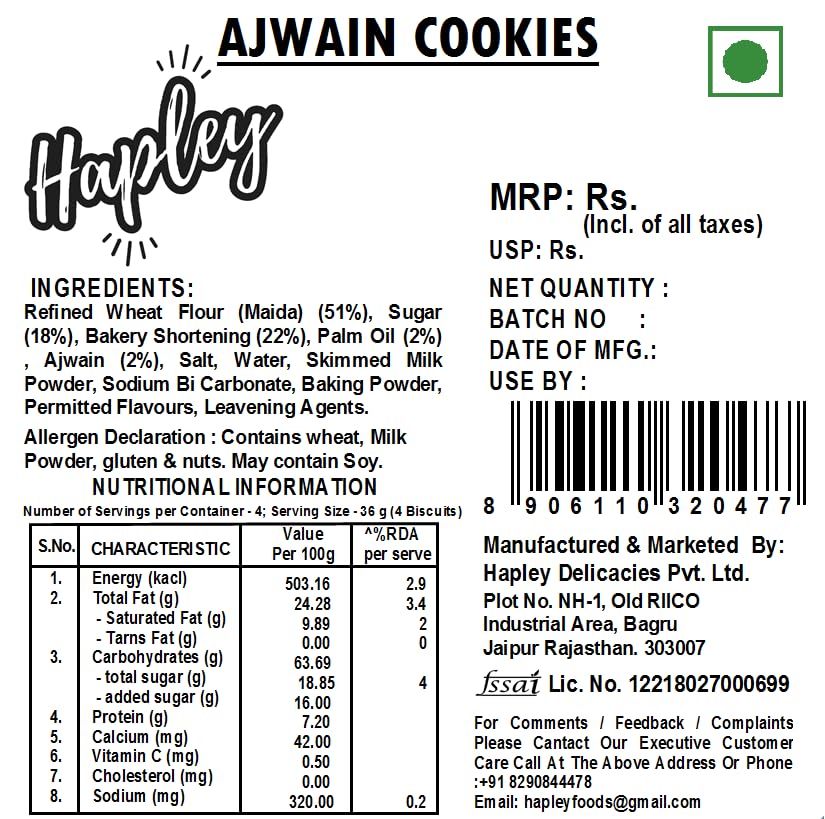 Image of Hapley Ajwain Cookies 300g, No Palm Oil, Delicious Ajwain Cookies for Tea-Time & Snack Breaks