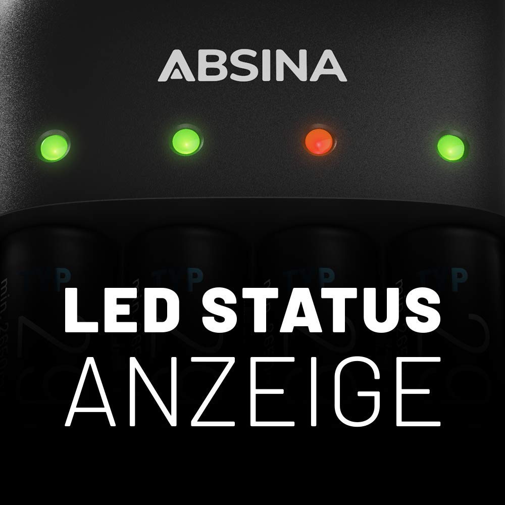 ABSINA Ładowarka do akumulatorów AA AAA i 9 V blok w zestawie 8 x baterie AAA 1150 – ładowarka NiMH 4-krotna do akumulatorów wielokrotnego ładowania - baterie do ładowania z ładowarką - zestaw