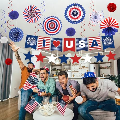 4th of July Decorations Independence Day Set I Love USA Banner Tissue Pom Poms Paper Fans Hanging Swirls, Star Garland Red White Blue Patriotic Party Decorations Decor for Memorial Day, Labor Day, American Theme Party Supplies — view 2