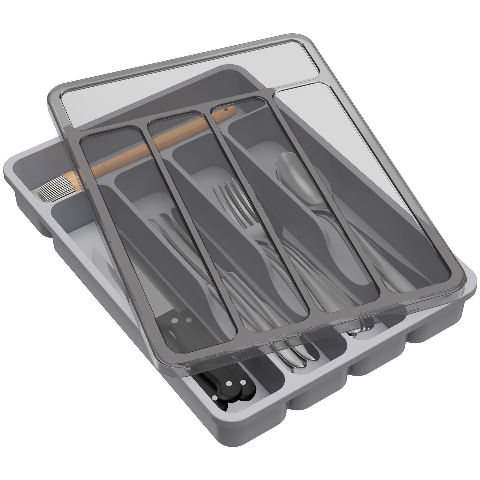 Lifewit Besteckkasten mit Deckel, Besteckaufbewahrung für Küchenschublade und Arbeitsplatte, Besteckkasten aus Kunststoff für Löffel, Gabeln, Messer, Einsatz, 5 Fächer, 23,5 x 32 cm, Grau