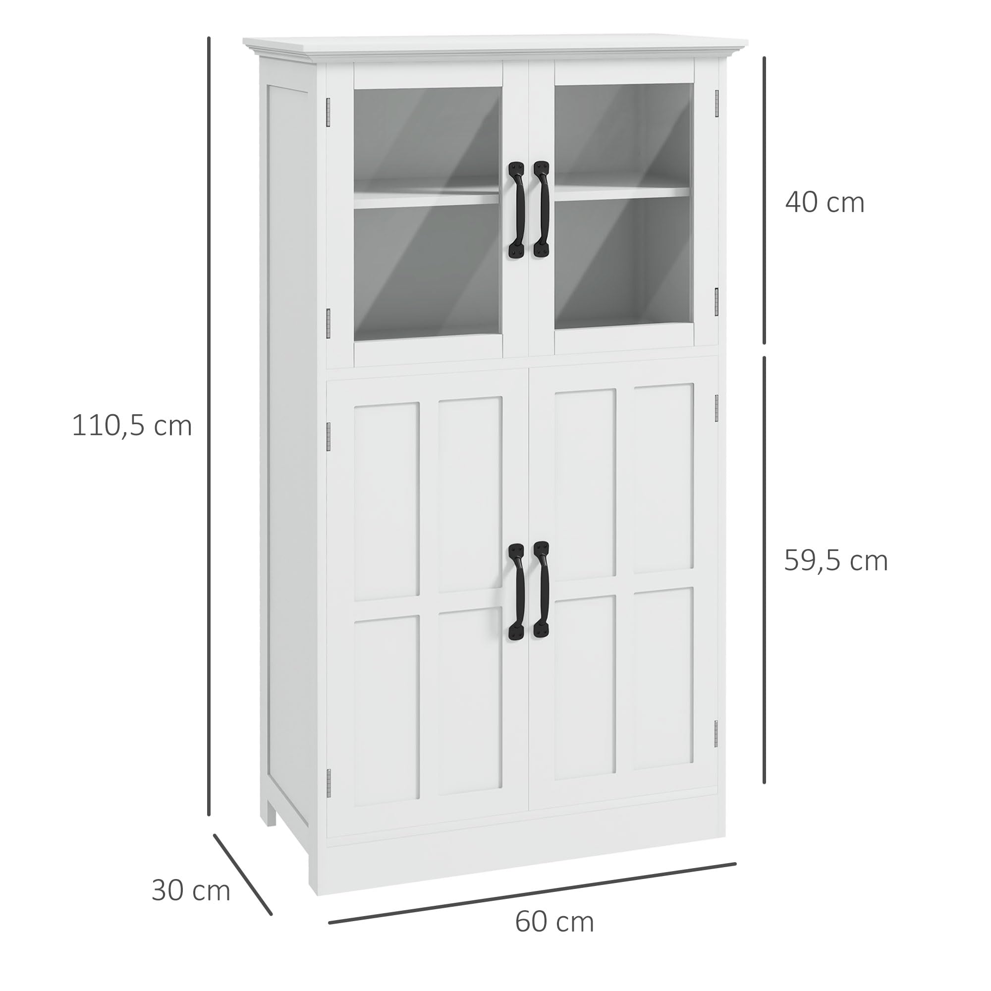 HOMCOM Buffet de Cuisine Armoire de Cuisine contemporaine Multi-rangements 2 placards, Portes en Verre, 4 étagères en Bois Blanc