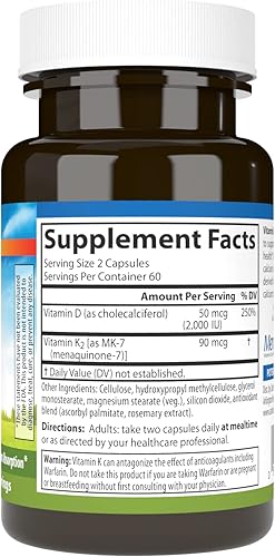 Vista 10 de Carlson - Vitamina D3 + K2, 50 mcg (2000 UI) Vitamina D3 y 90 mcg de vitamina K2 como MK7, soporte óseo, absorción de calcio, 60 cápsulas
