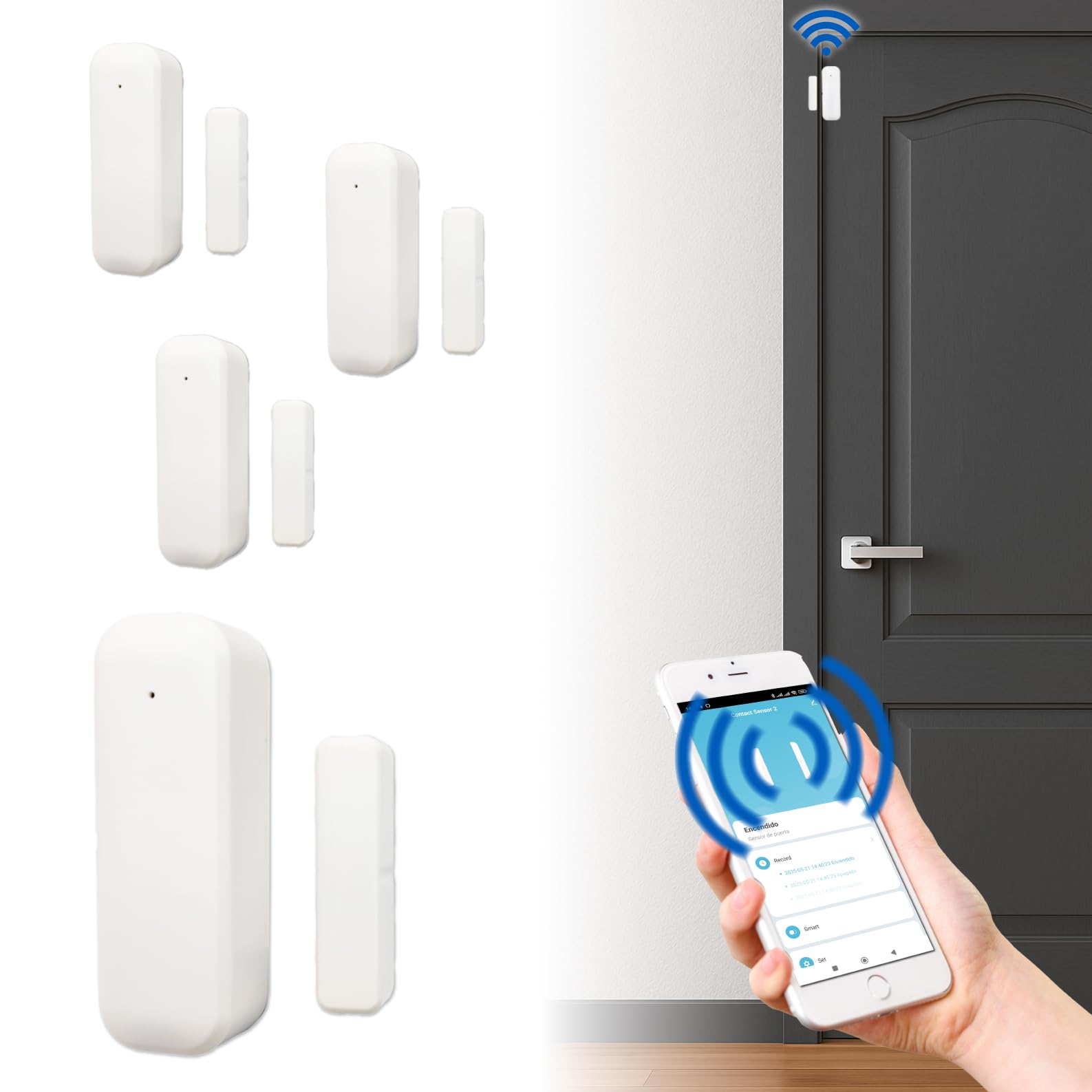 LED ATOMANT Pack 4X Sensor Apertura Puerta WiFi y Ventana Inteligente con Aviso movil, Detector Puerta Abierta Compatible con Alexa y Google Home