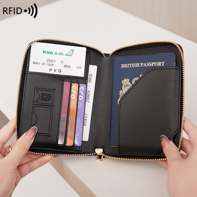 Genuine Leather Wallet Unisex Zipper Passport Holder RFID Blocking Waterproof - Vintage Travel Wallet (Black)2
